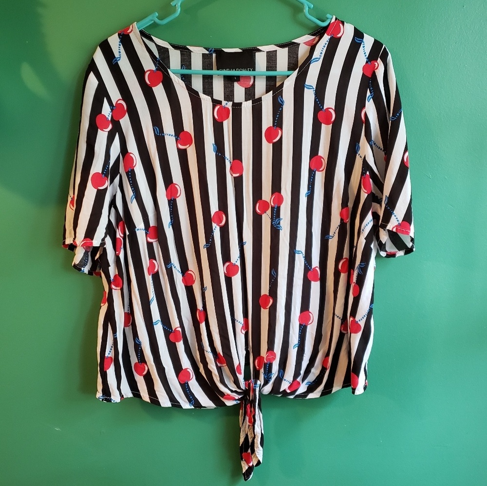 Cynthia Rowley cherry pinstripe tie knot tee